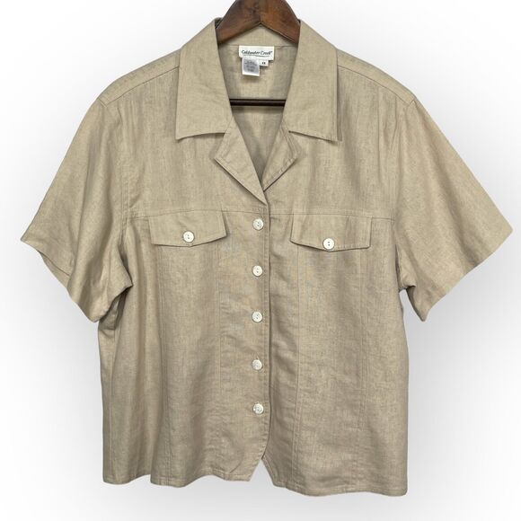 Coldwater Creek Top Women Size 1X Beige Pocket Collared Linen Rayon Camp - Picture 1 of 10